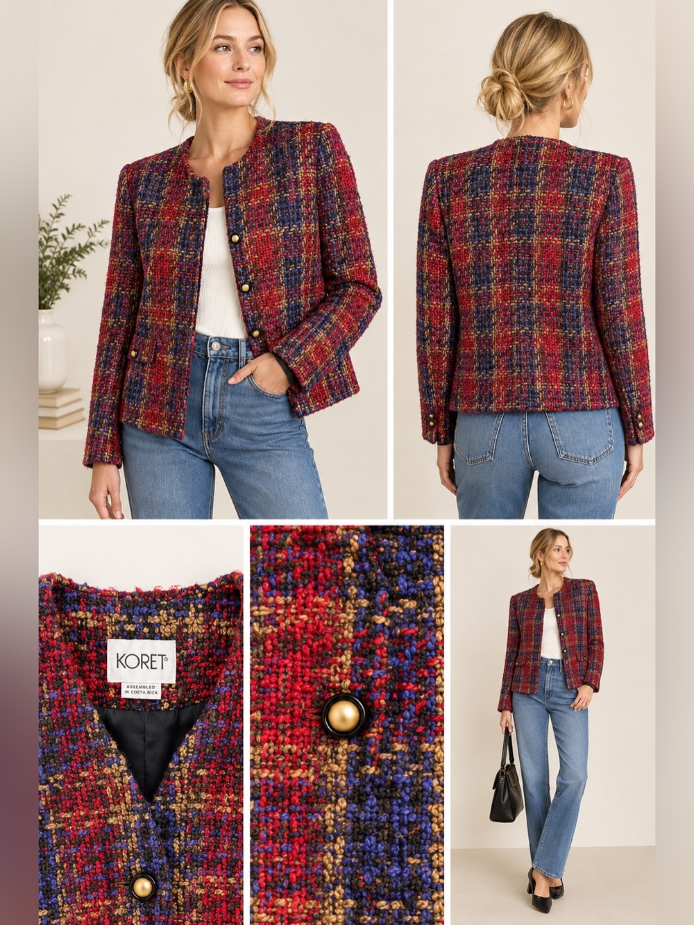 Vintage Koret Plaid Tweed Blazer | Multicolor Boucle Jacket 90s Preppy Academia